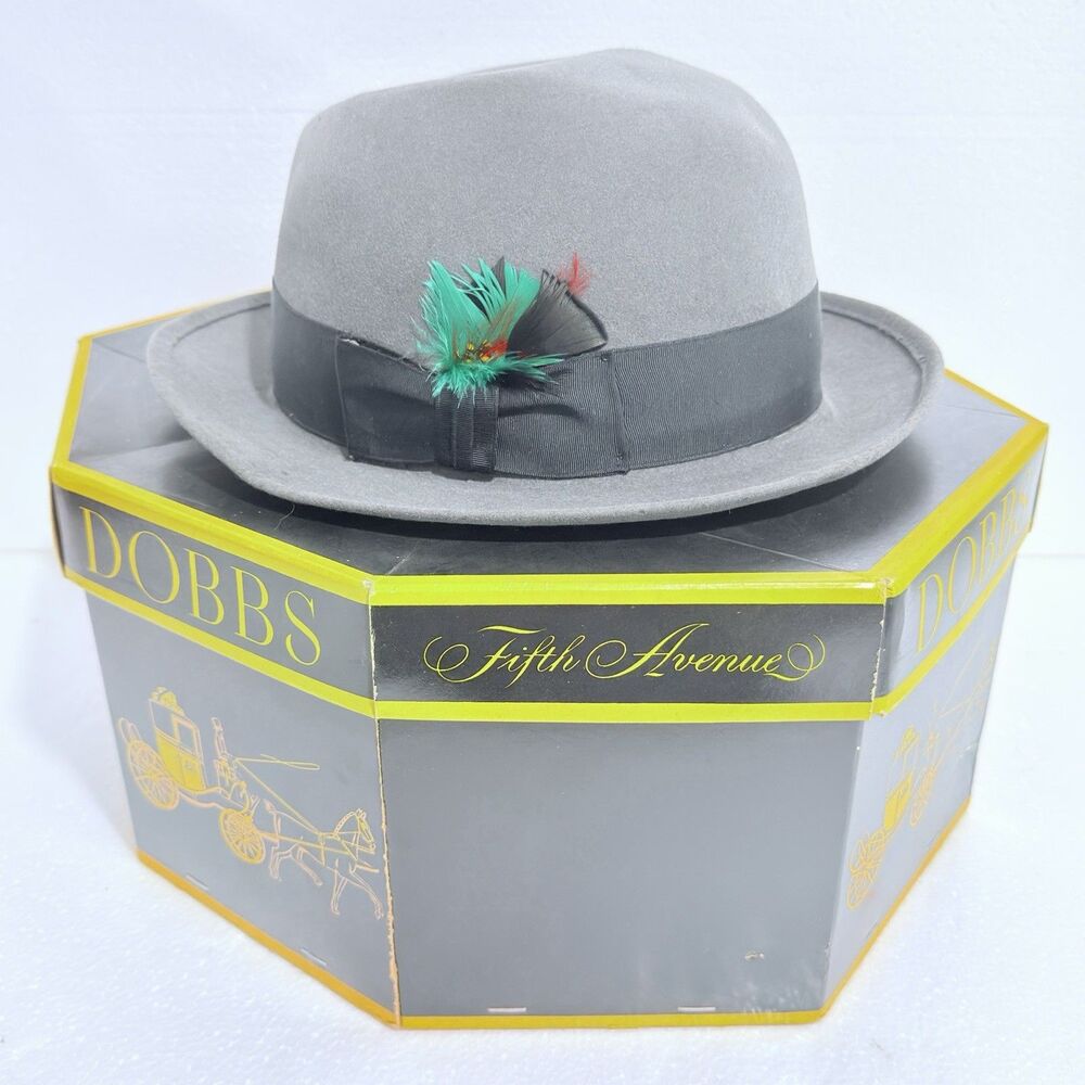 Vintage Royal Stetson Fedora Hat Mens Grey Fur Felt Feathered Size 7 5/8"